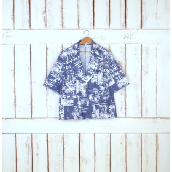 90s vintage blue white short sleeve boxy blazer jacket graphic print - Picture 1 of 5